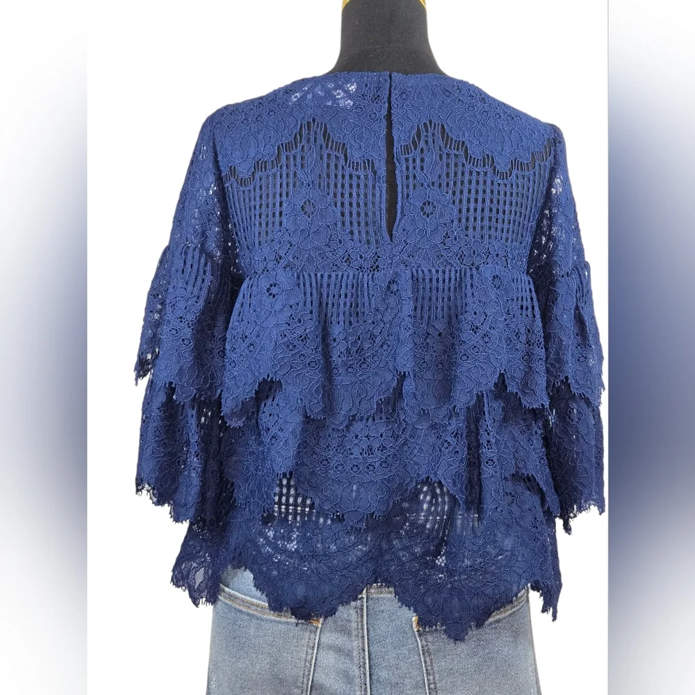 Elena Antoniades London Navy Blue Lace Tiered Blouse M | Floral Crochet Top